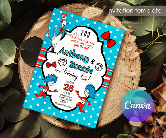 Dr Seuss The Cat in the Hat Twins customizable invitation template | Share or Print | SN601