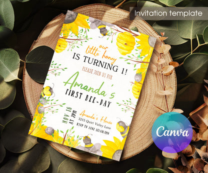 1st Bee Day Party customizable invitation template | Share or Print | BJ453
