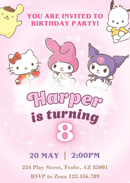 My Melody Hello Kitty Sanrio customizable invitation template | Share or Print | girl | OA099