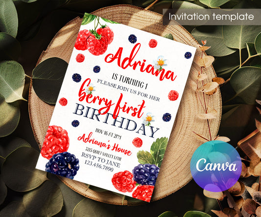 Berry First Birthday customizable invitation template | Share or Print | girl | KL922