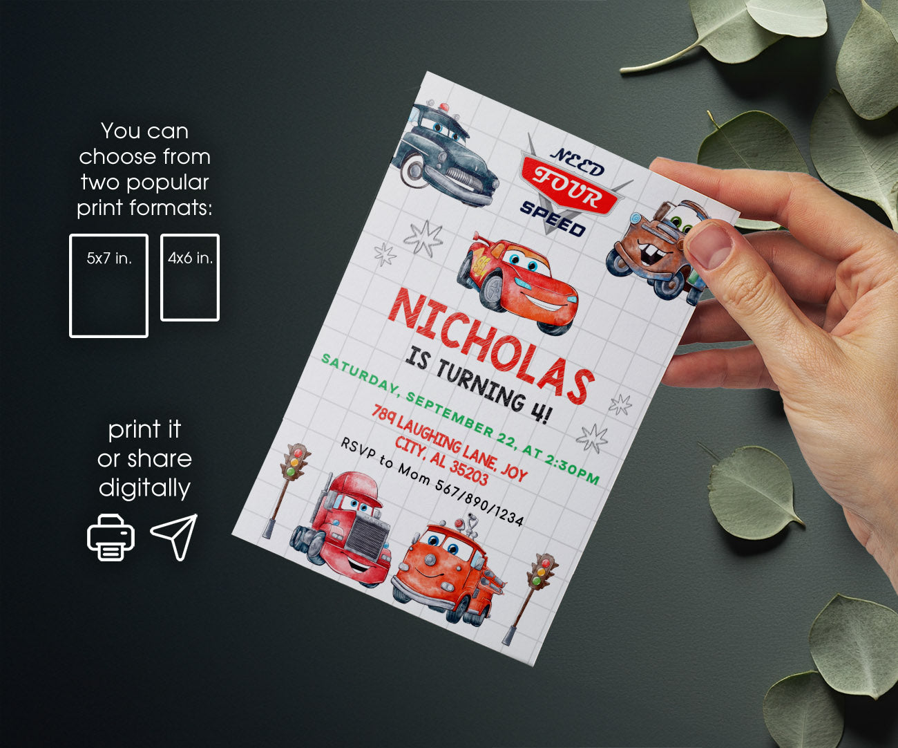 Cars Lightning Mcqueen Four customizable invitation template | Share or Print | boy | LT295