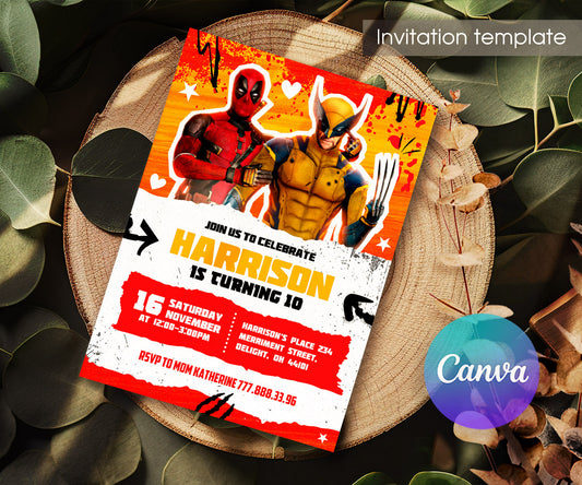 Deadpool Wolverine Marvel customizable invitation template | Share or Print | boy | PA259