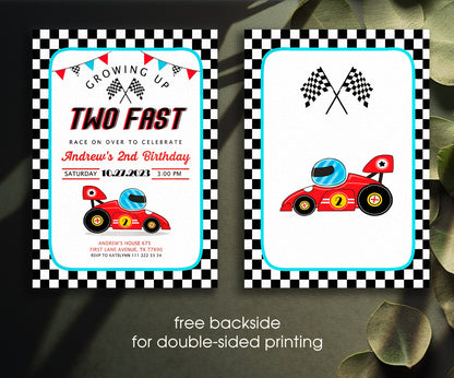 Race Car 2nd Bday Watercolor customizable invitation template | Share or Print | boy | EC907