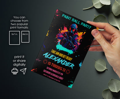 Paintball Airsoft battle customizable invitation template | Share or Print | boy | QK224