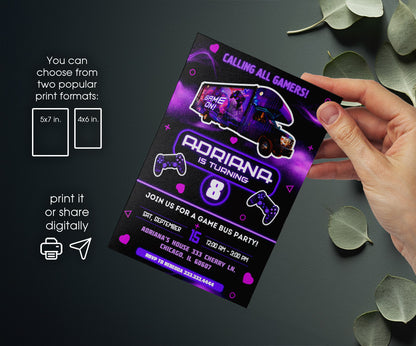 Video Game Bus Gamer customizable invitation template | Share or Print | boy | FD827
