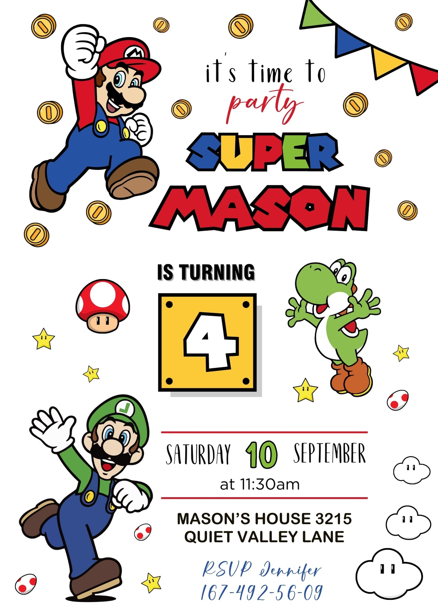 Super Mario Bros customizable invitation template | Share or Print | JY537