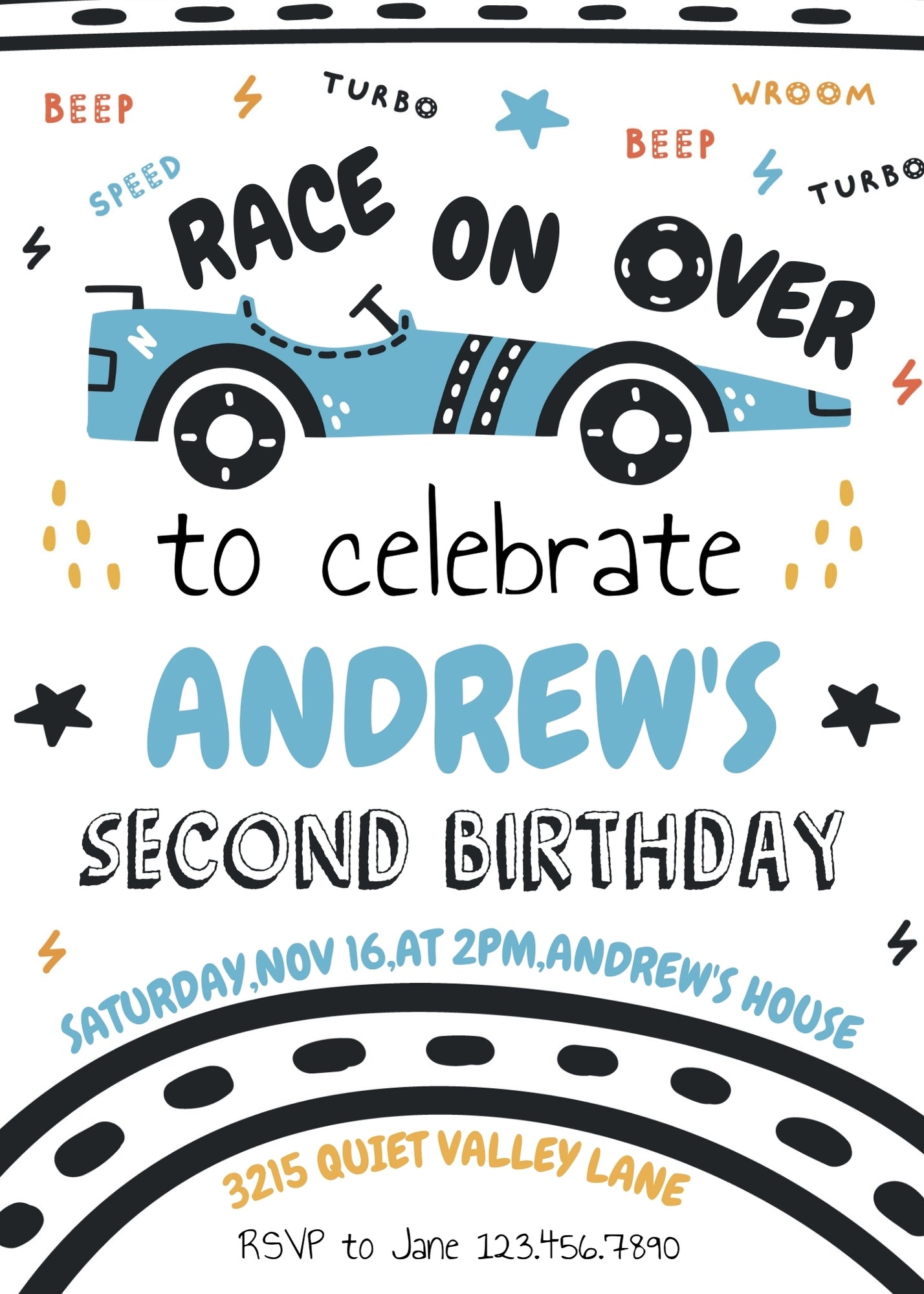 Race Car 2nd Bday Watercolor customizable invitation template | Share or Print | boy | IP305
