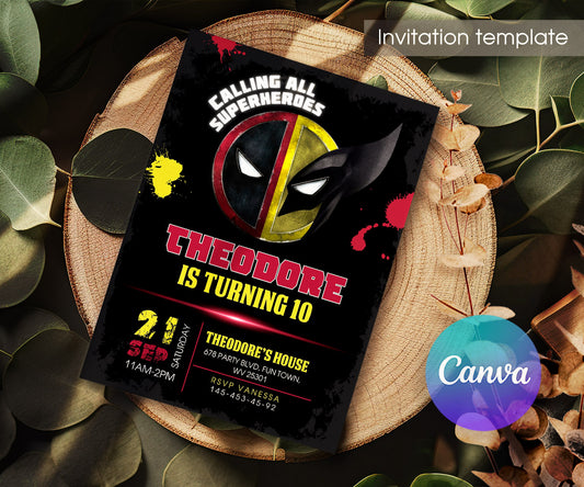 Deadpool Wolverine Marvel customizable invitation template | Share or Print | boy | NG528