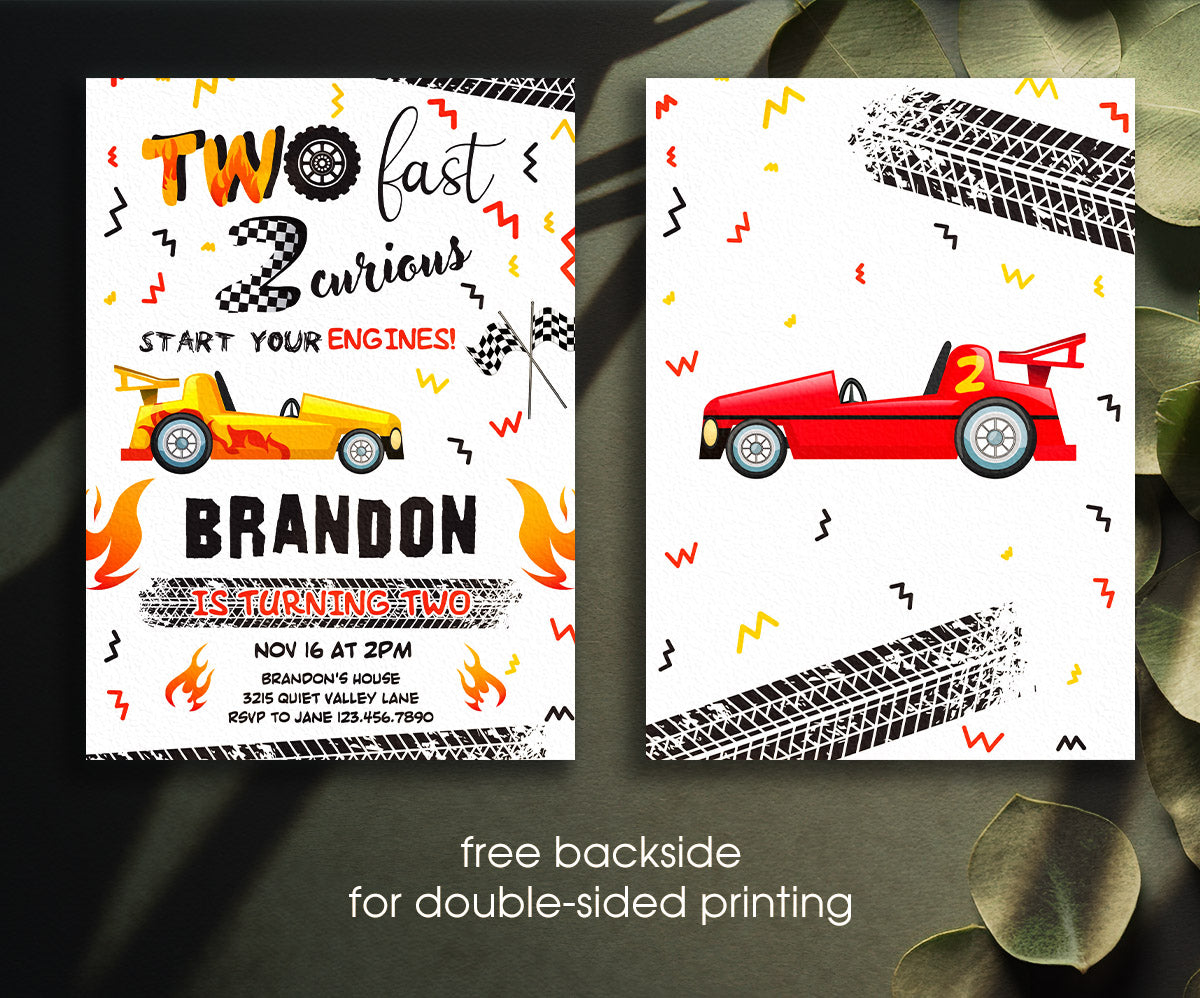Race Car 2nd Bday Watercolor customizable invitation template | Share or Print | boy | JH231