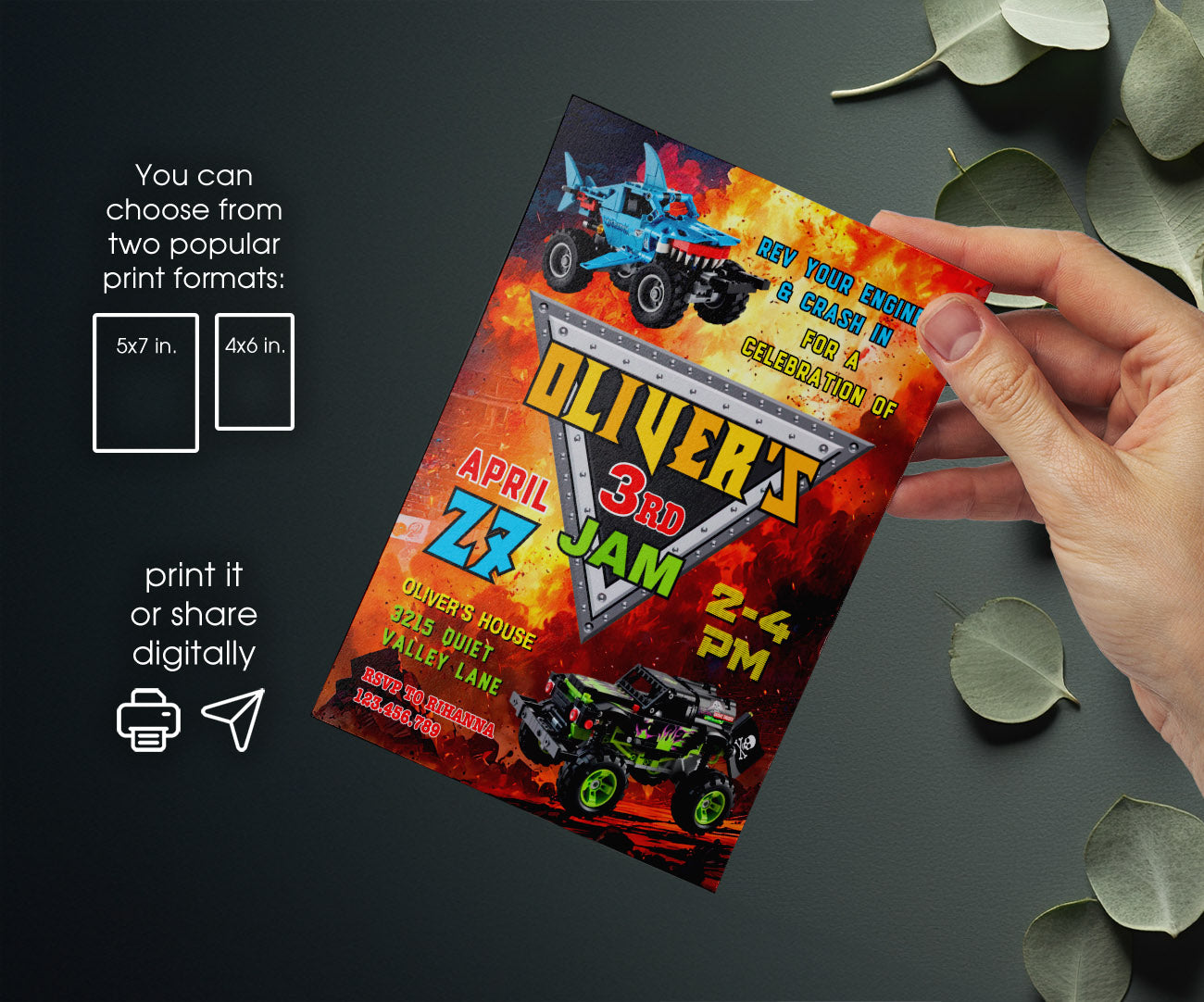 Monster Jam Monster Truck customizable invitation template | Share or Print | boy | RH222