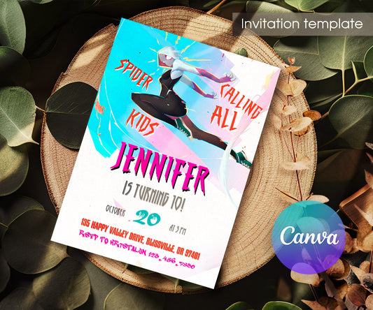 Spider Gwen Ghost Spidey customizable invitation template | Share or Print | girl | UK603