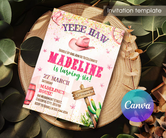 Cowgirl Pink Rodeo customizable invitation template | Share or Print | girl | YI835