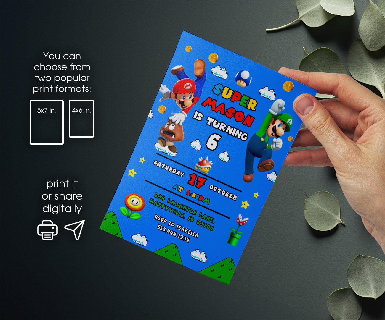 Super Mario Bros customizable invitation template | Share or Print | JZ850