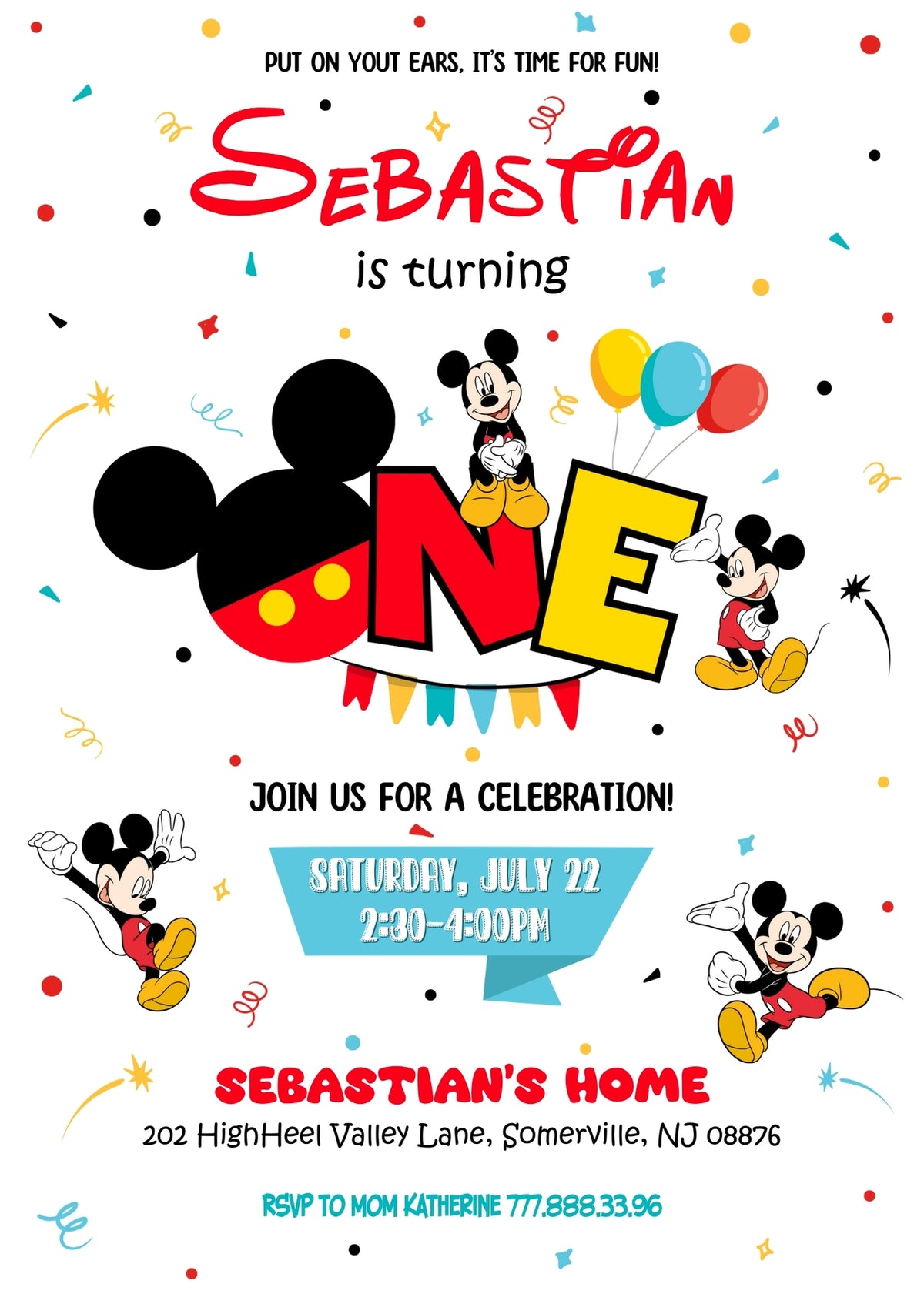 Mickey Mouse 1st Birthday customizable invitation template | Share or Print | SO367