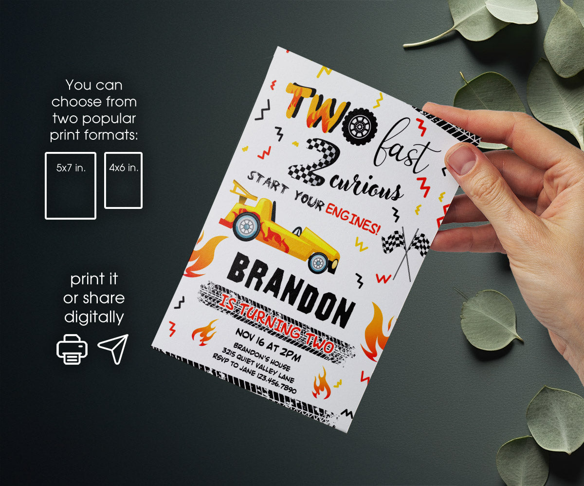 Race Car 2nd Bday Watercolor customizable invitation template | Share or Print | boy | JH231