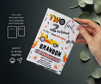 Race Car 2nd Bday Watercolor customizable invitation template | Share or Print | boy | JH231