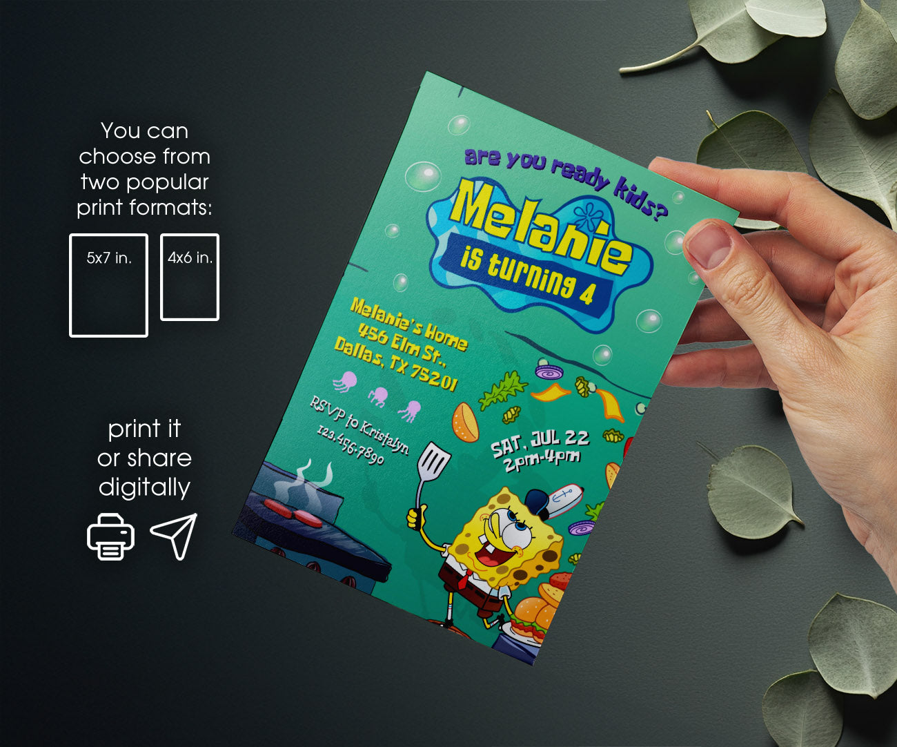 SpongeBob SquarePant customizable invitation template | Share or Print | SJ800