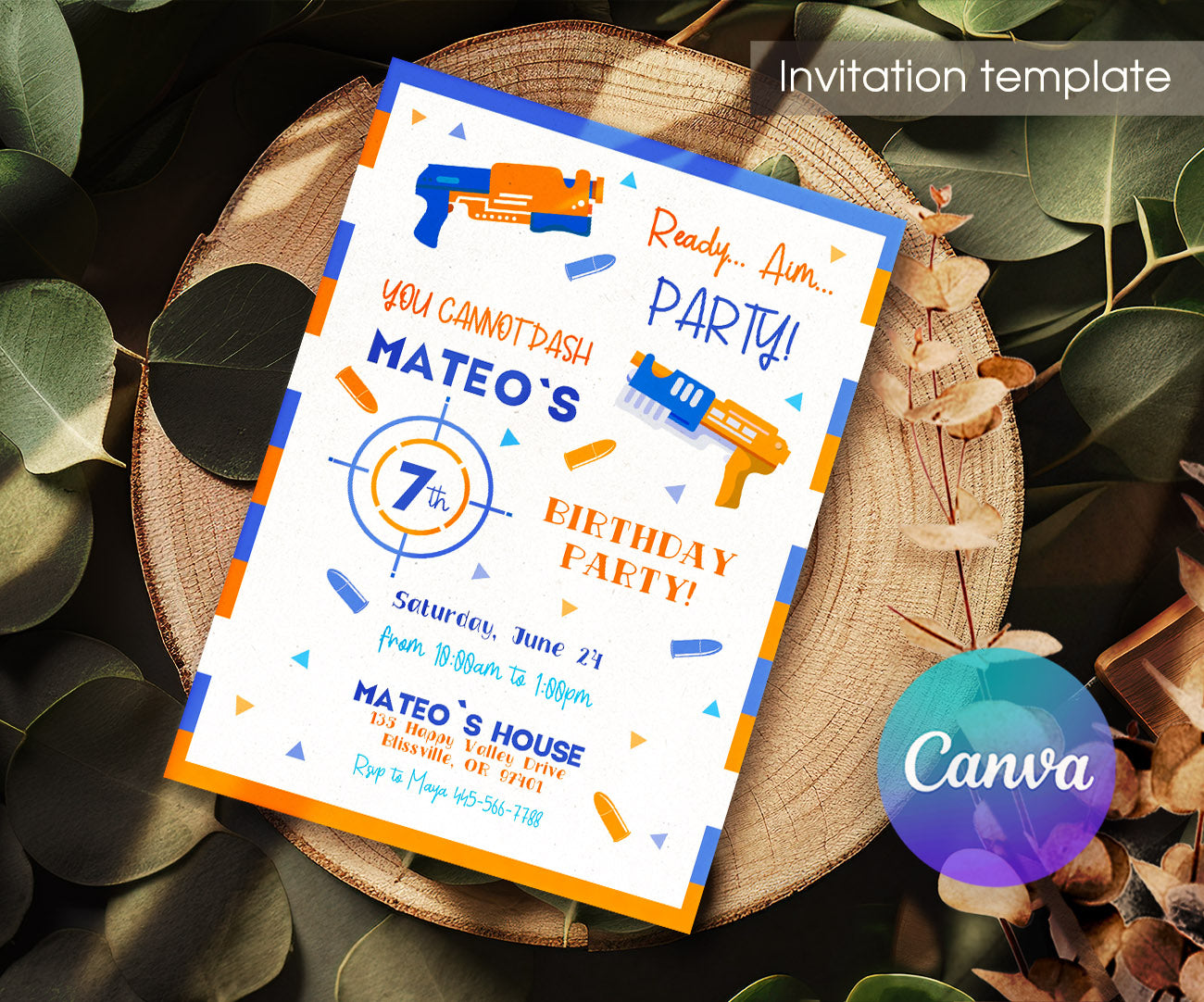 NERF Dart Wars customizable invitation template | Share or Print | boy | FD679