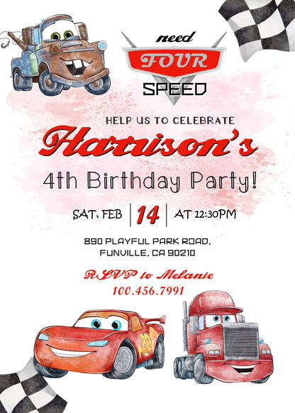 Cars Lightning Mcqueen Four customizable invitation template | Share or Print | boy | QR035