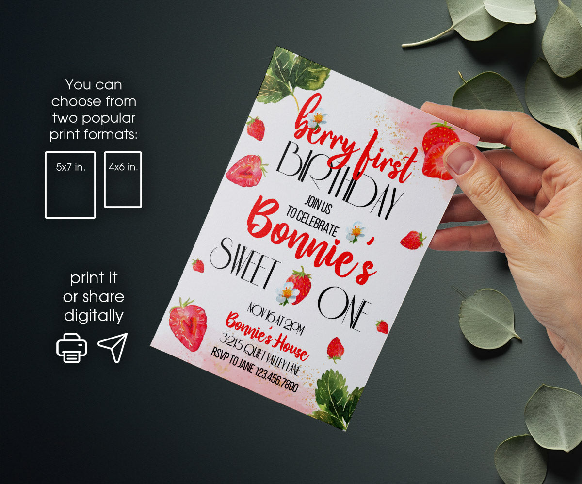 Berry First Birthday customizable invitation template | Share or Print | girl | OS107