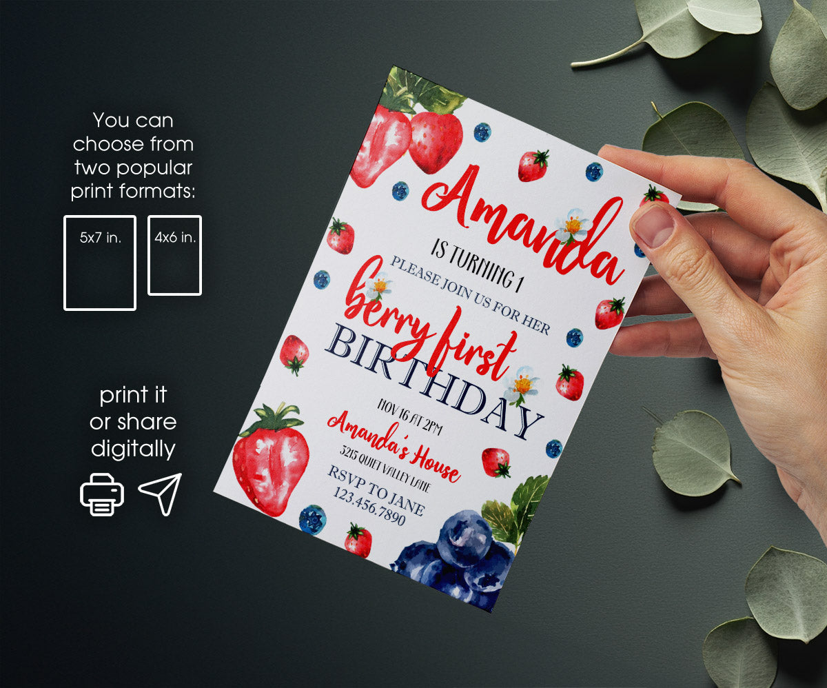 Berry First Birthday customizable invitation template | Share or Print | girl | GC920