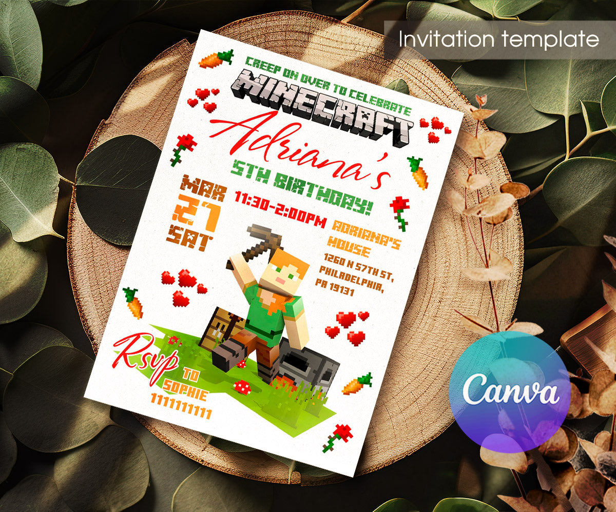 Minecraft Gamer customizable invitation template | Share or Print | JE382