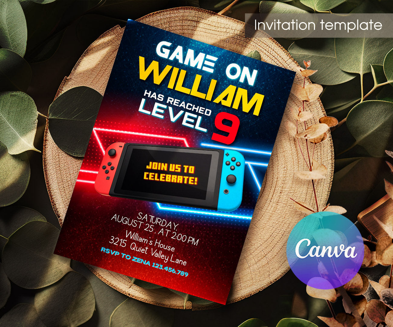 Nintendo Switch Gamer customizable invitation template | Share or Print | AE622