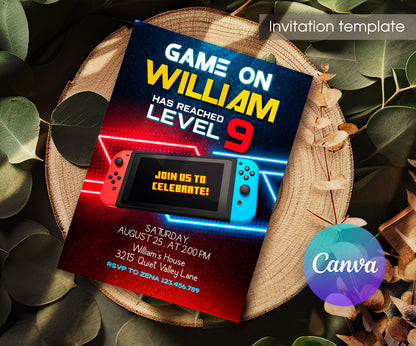 Nintendo Switch Gamer customizable invitation template | Share or Print | AE622
