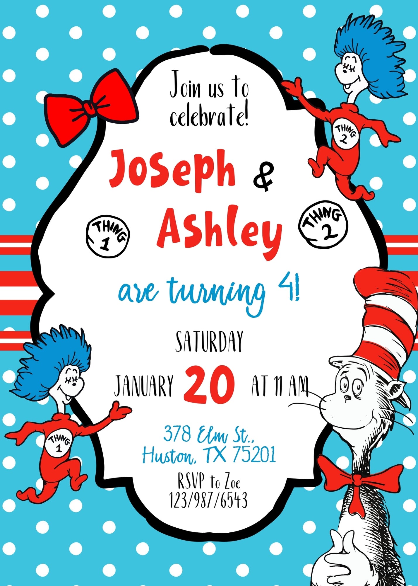 Dr Seuss The Cat in the Hat Twins customizable invitation template | Share or Print | KS530