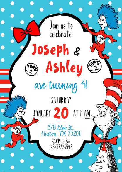 Dr Seuss The Cat in the Hat Twins customizable invitation template | Share or Print | KS530