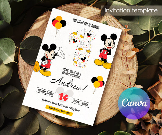 Mickey Mouse 1st Birthday customizable invitation template | Share or Print | QN529