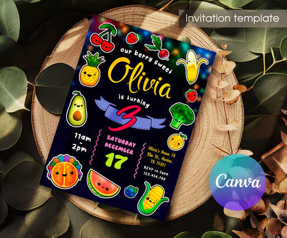 Hey Bear Sensory Dancing Fruits customizable invitation template | Share or Print | KK523