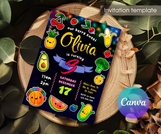Hey Bear Sensory Dancing Fruits customizable invitation template | Share or Print | KK523