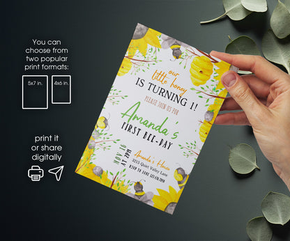 1st Bee Day Party customizable invitation template | Share or Print | BJ453