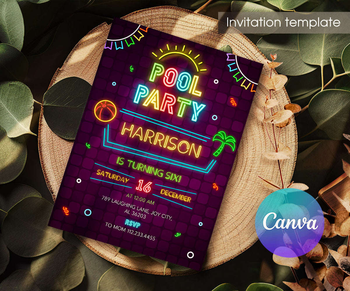 Neon Pool Party customizable invitation template | Share or Print | boy | BG932