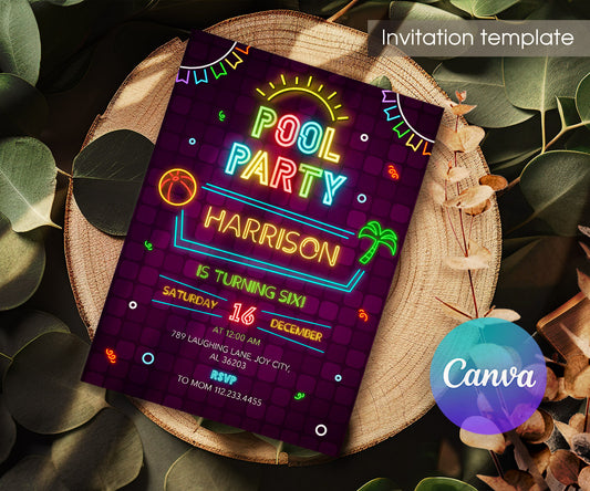 Neon Pool Party customizable invitation template | Share or Print | boy | BG932