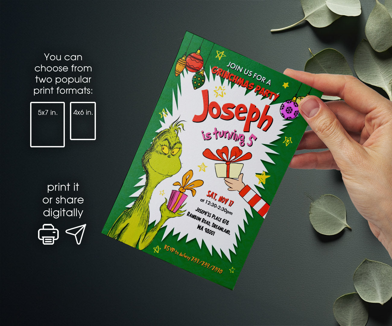 Dr Seuss How the Grinch Stole Christmas customizable invitation template | Share or Print | FH433