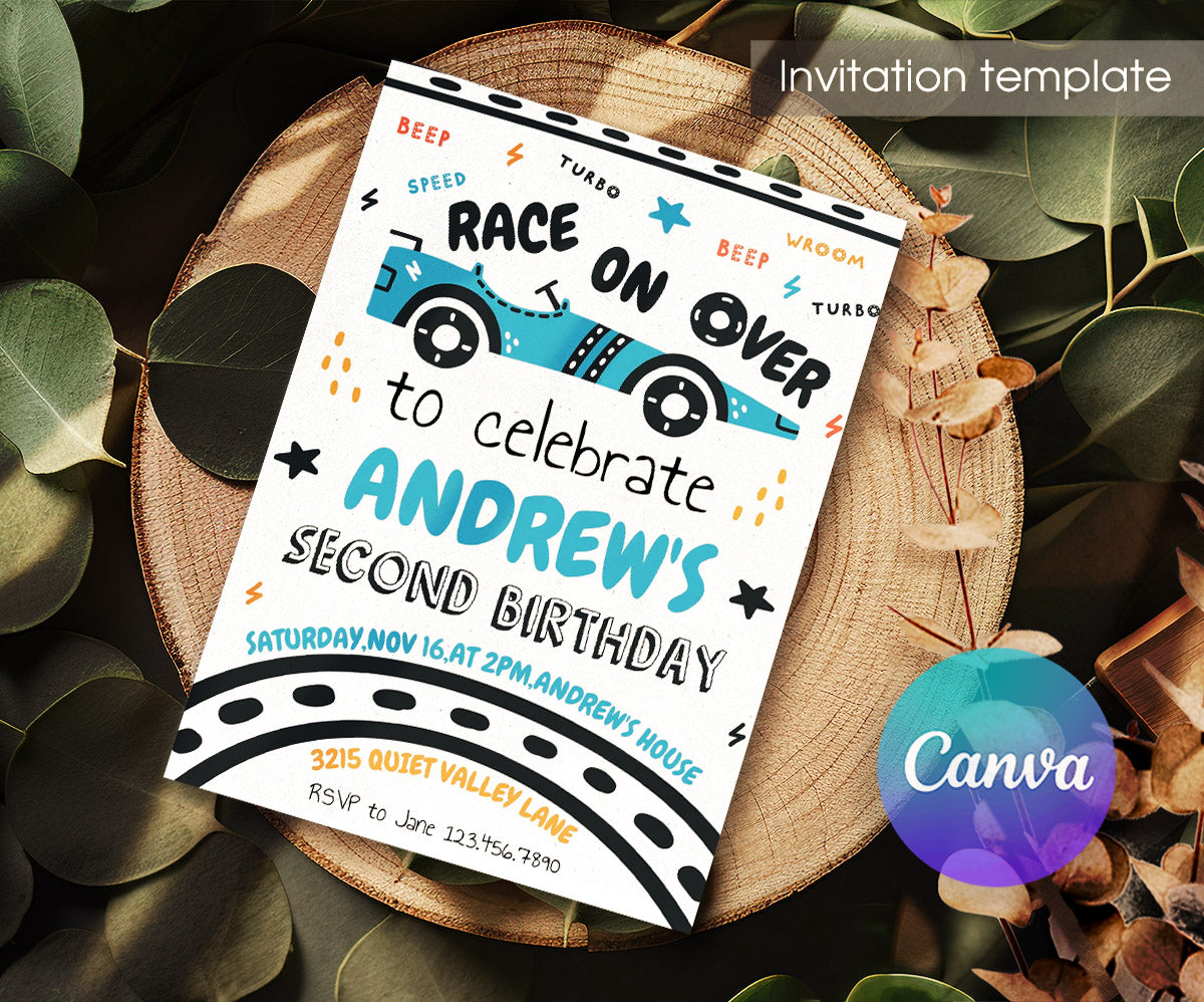 Race Car 2nd Bday Watercolor customizable invitation template | Share or Print | boy | IP305