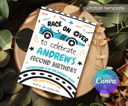 Race Car 2nd Bday Watercolor customizable invitation template | Share or Print | boy | IP305