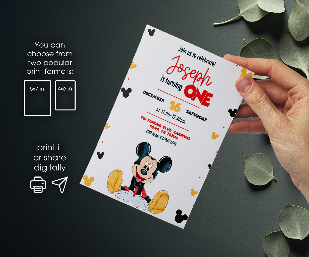 Mickey Mouse 1st Birthday customizable invitation template | Share or Print | AC294