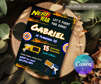 NERF Dart Wars customizable invitation template | Share or Print | boy | SJ370