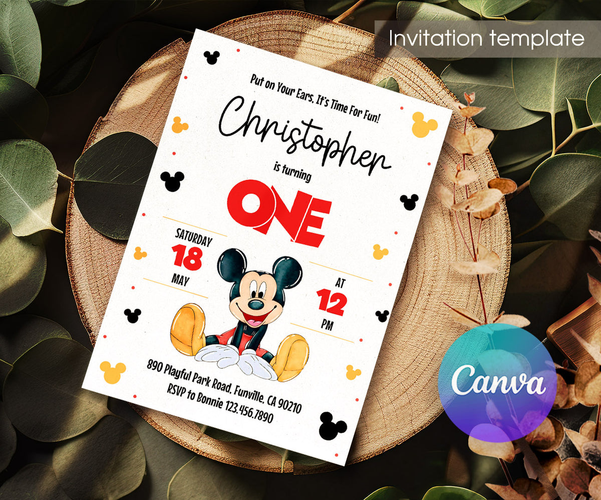 Mickey Mouse 1st Birthday customizable invitation template | Share or Print | XH200