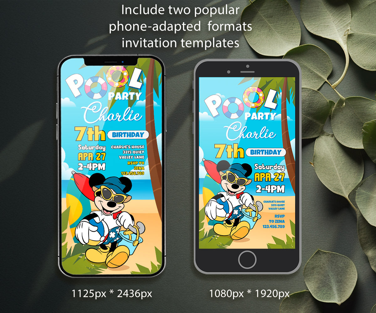 Mickey Mouse Pool Party customizable invitation template | Share or Print | DW803