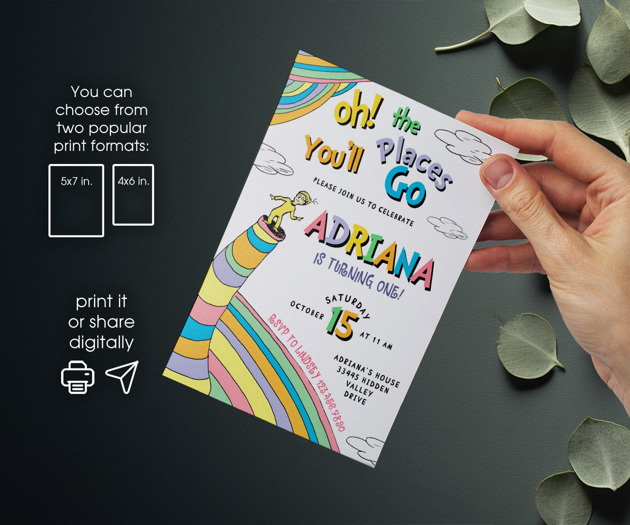 Dr Seuss Oh, the Places You'll Go customizable invitation template | Share or Print | DA518