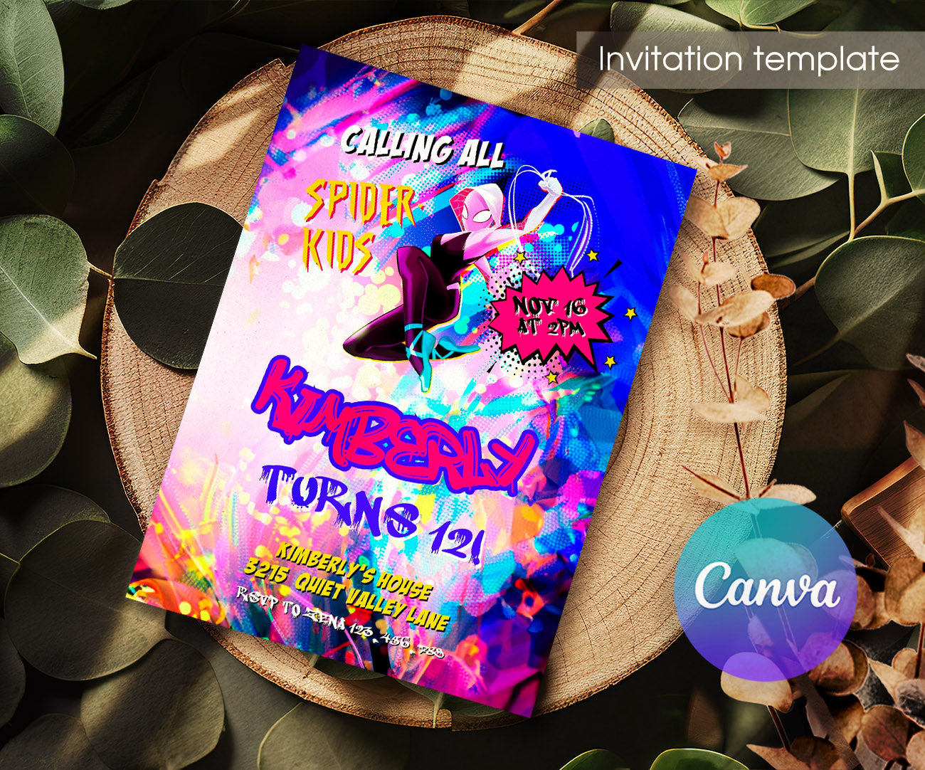 Spider Gwen Ghost Spidey customizable invitation template | Share or Print | girl | OP642