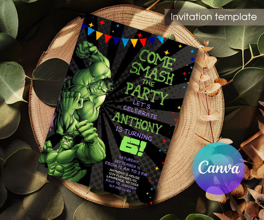 Hulk The Avengers Marvel Superhero customizable invitation template | Share or Print | boy | EM033