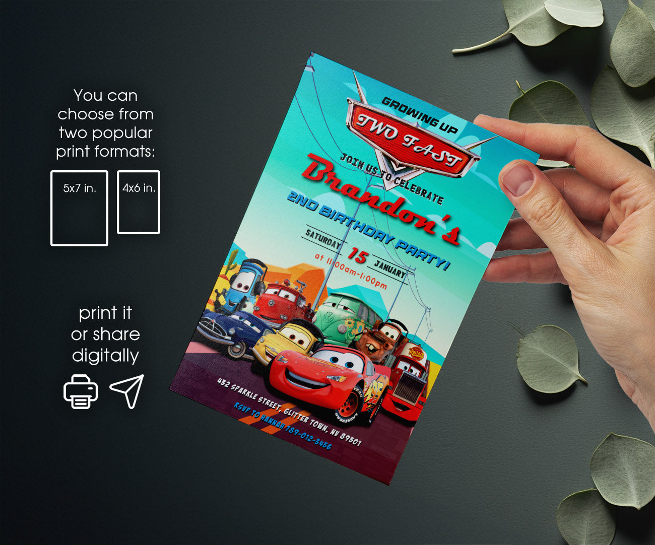 Cars Lightning Mcqueen Two customizable invitation template | Share or Print | boy | TA194