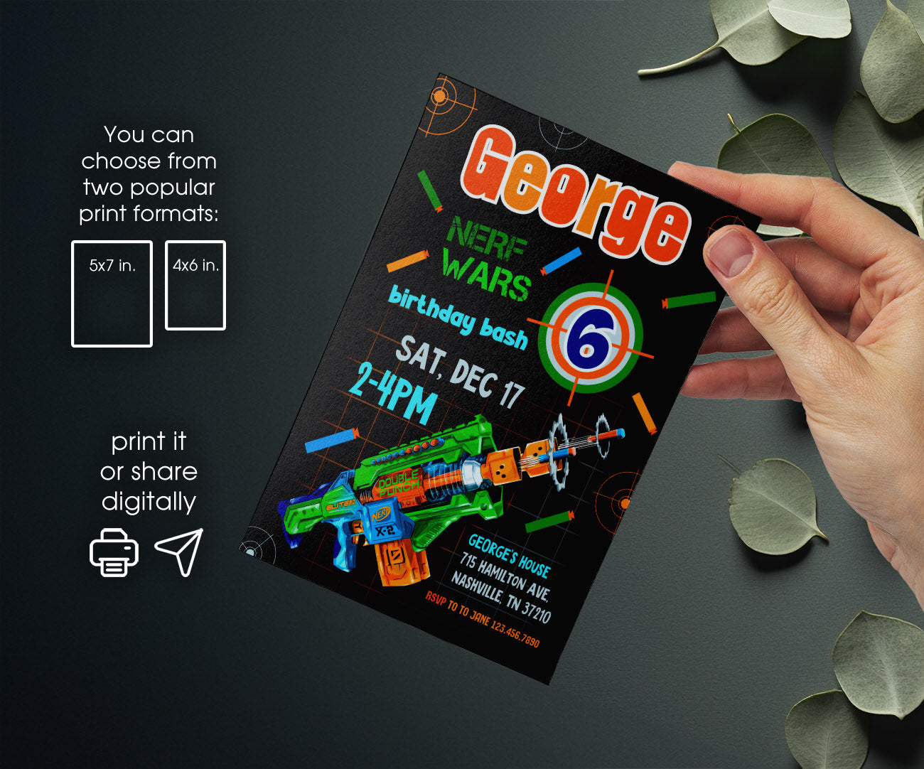 NERF Dart Wars customizable invitation template | Share or Print | boy | CB216
