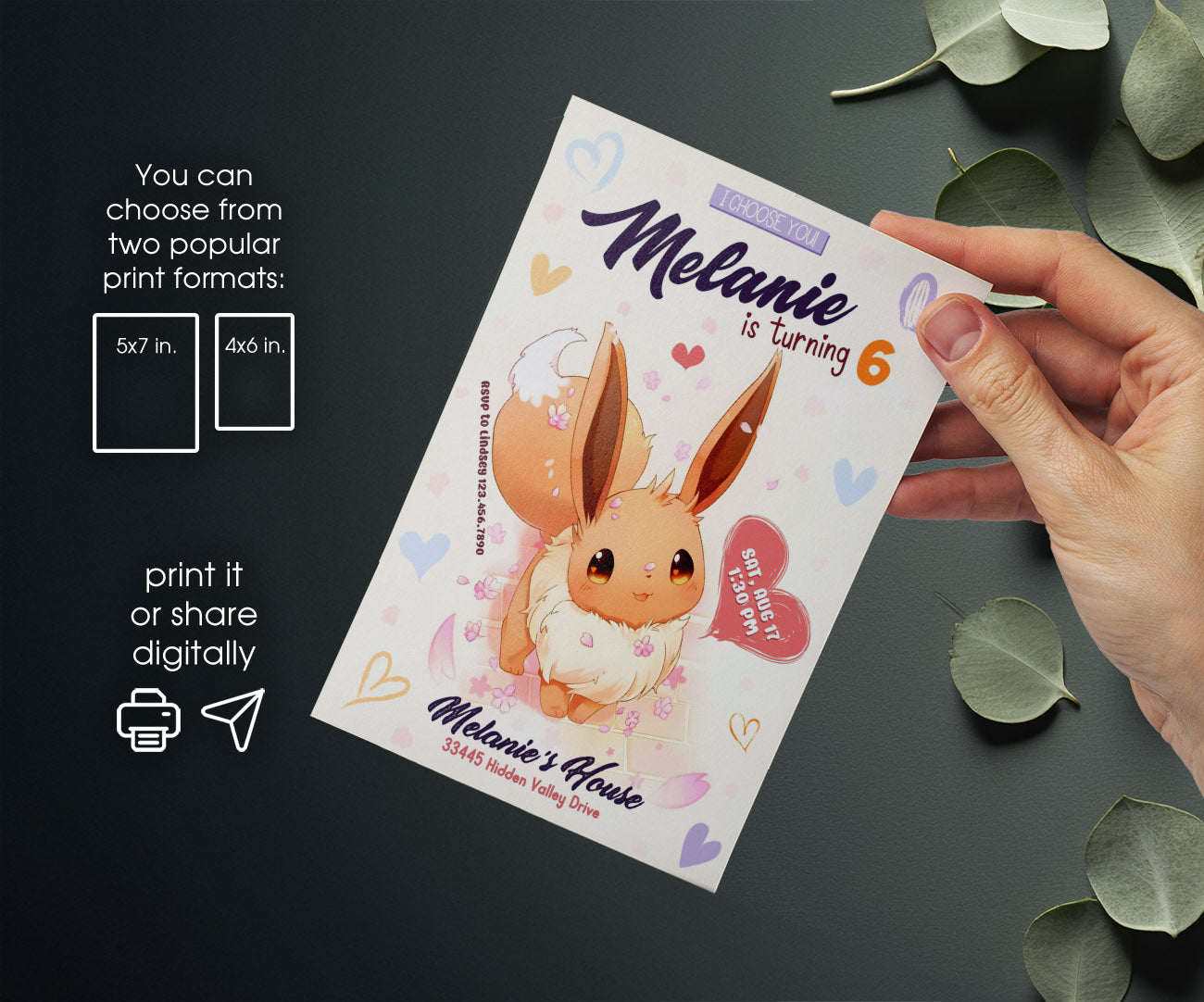Eevee Pokemon Anime customizable invitation template | Share or Print | RJ640