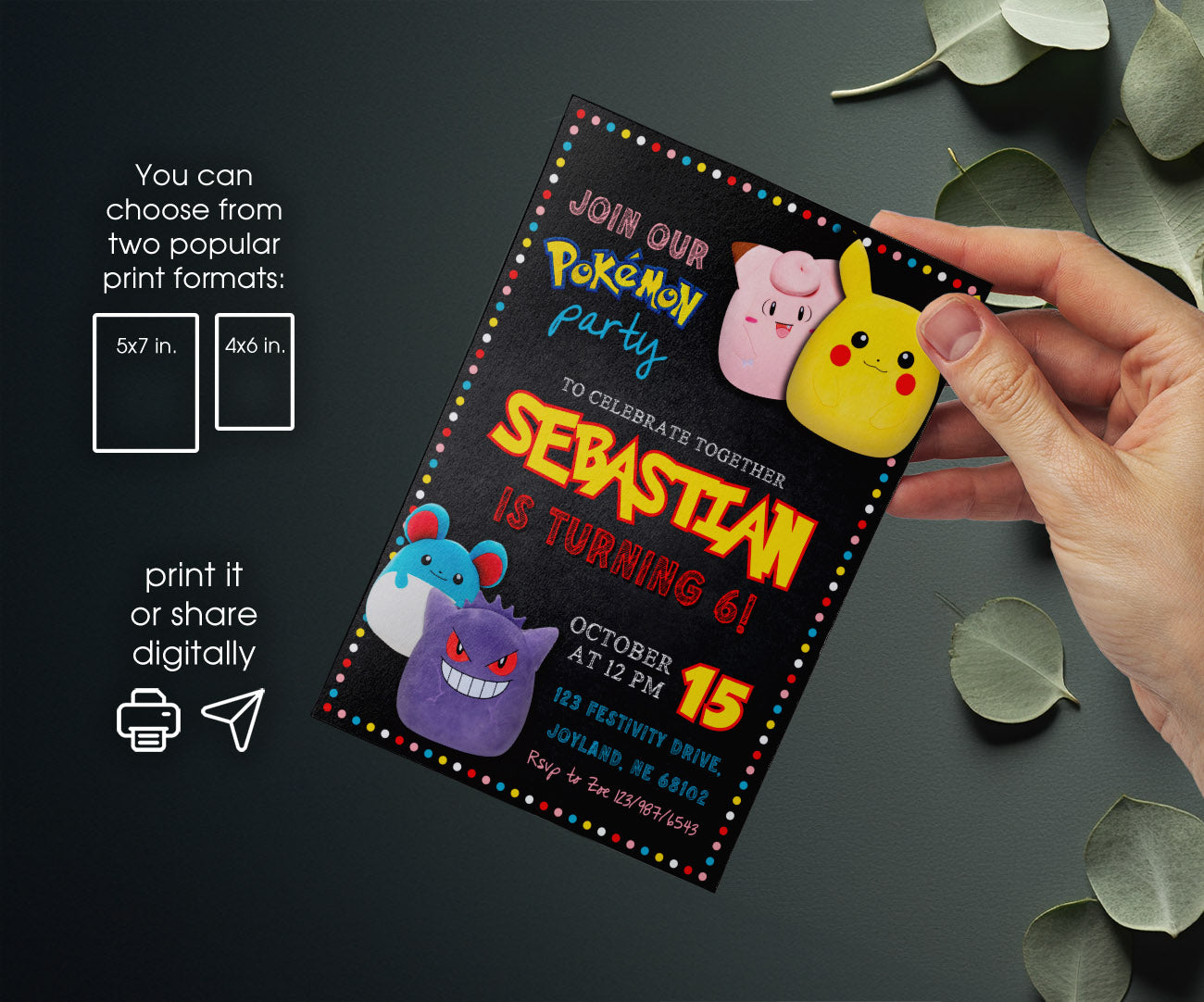 Squish Pokemon Pikachu customizable invitation template | Share or Print | CK354